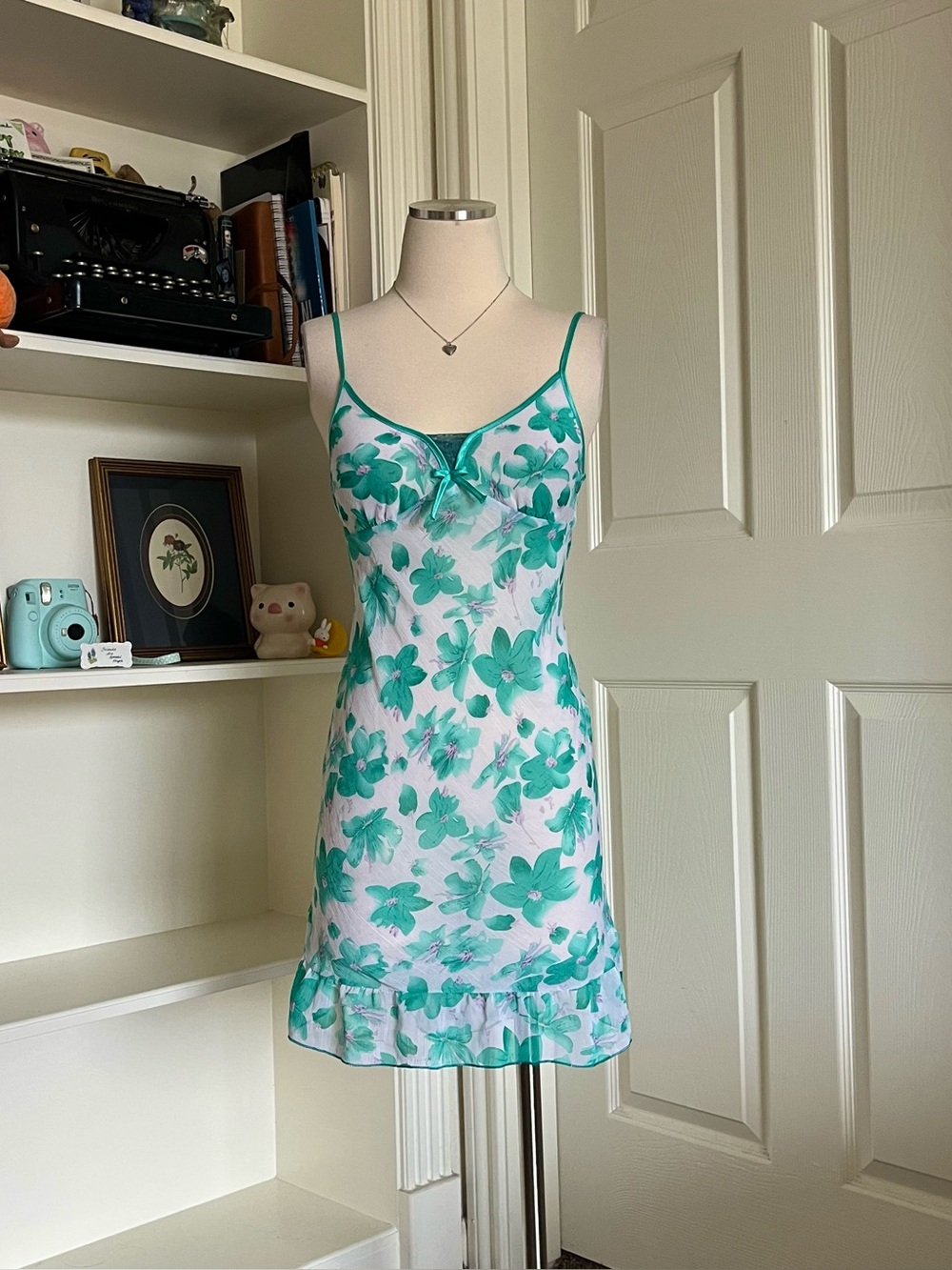 Bright Green floral slip dress with bow detail and ruffle hem